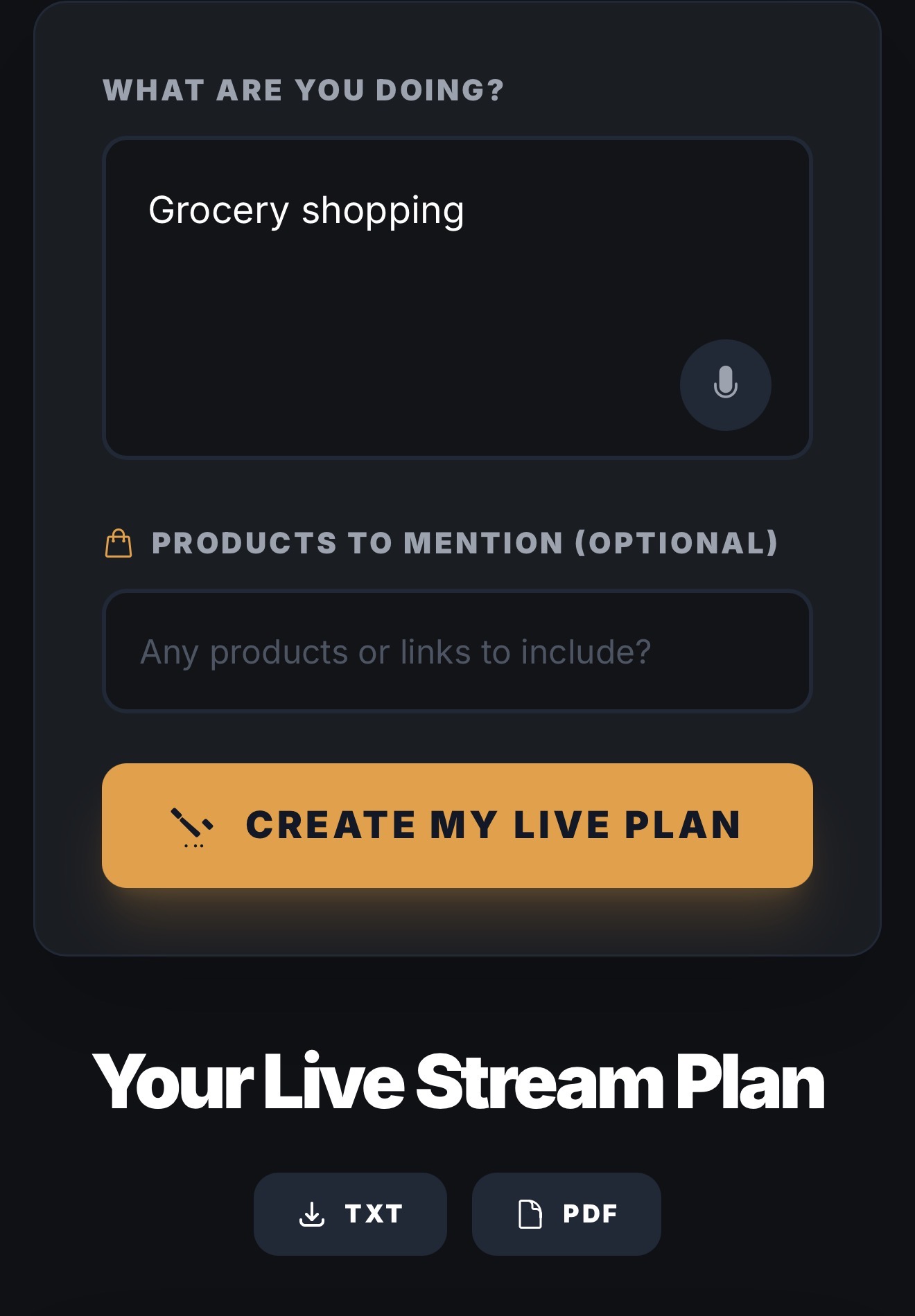Dark mode Alchemy live stream plan with export buttons.
