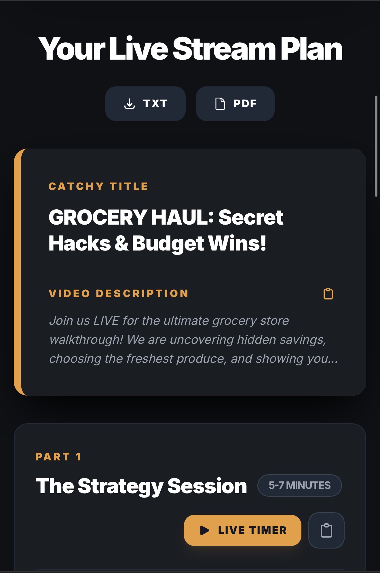 Dark mode Alchemy live stream plan showing catchy title, description, and first segment.