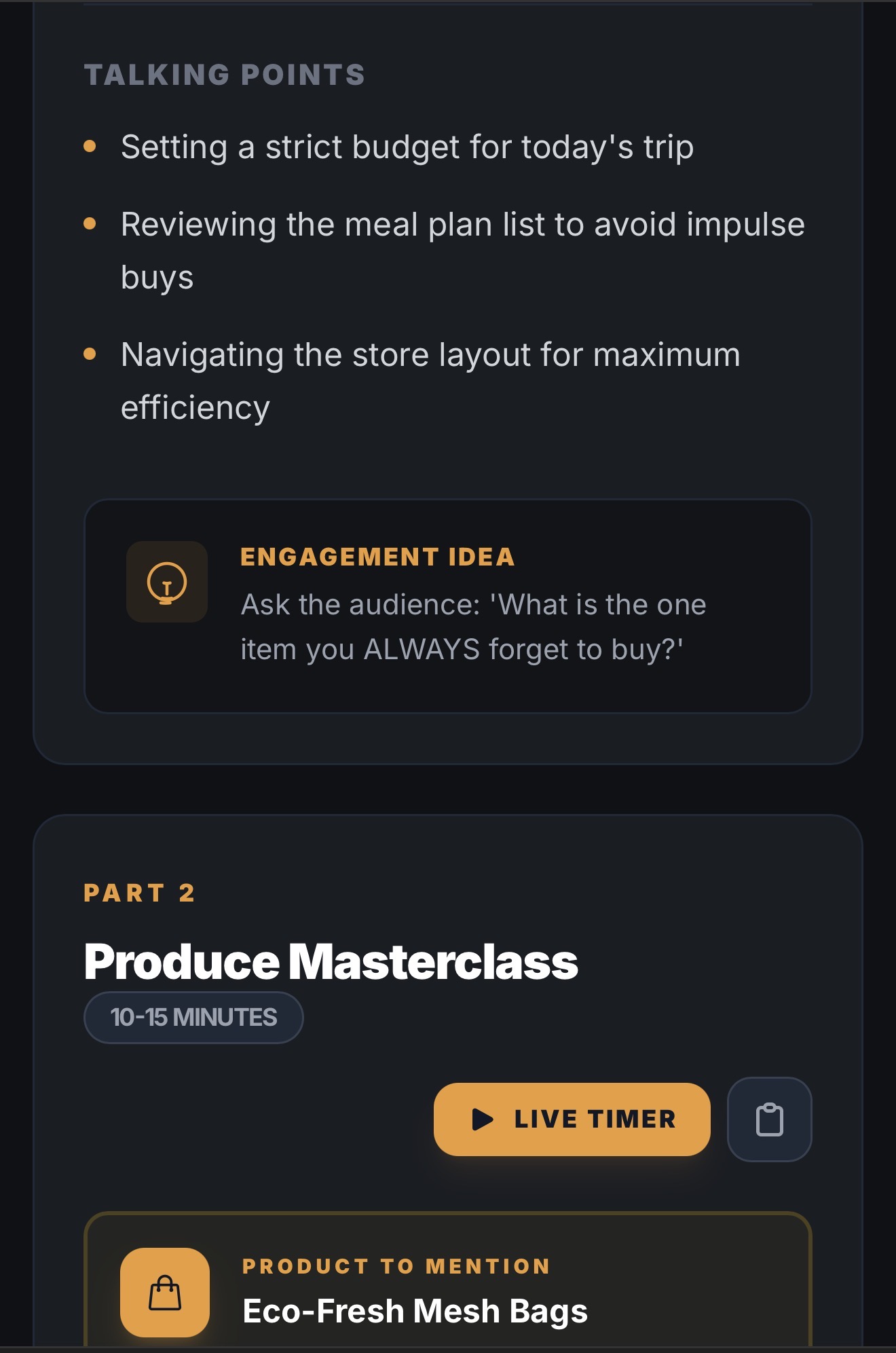 Dark mode Alchemy plan segment with product to mention and talking points.
