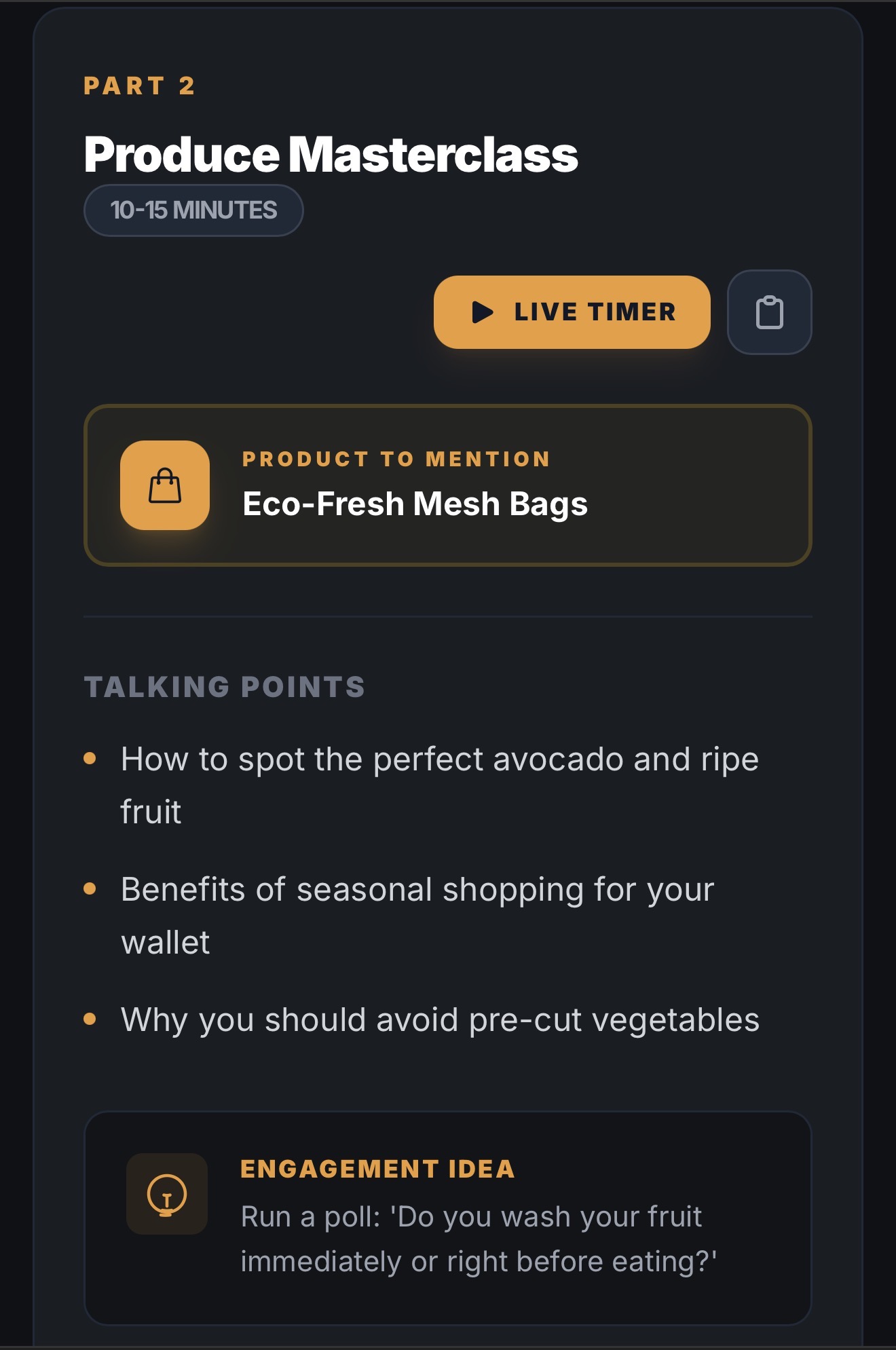 Dark mode Alchemy plan section with aisle challenge talking points and engagement idea.