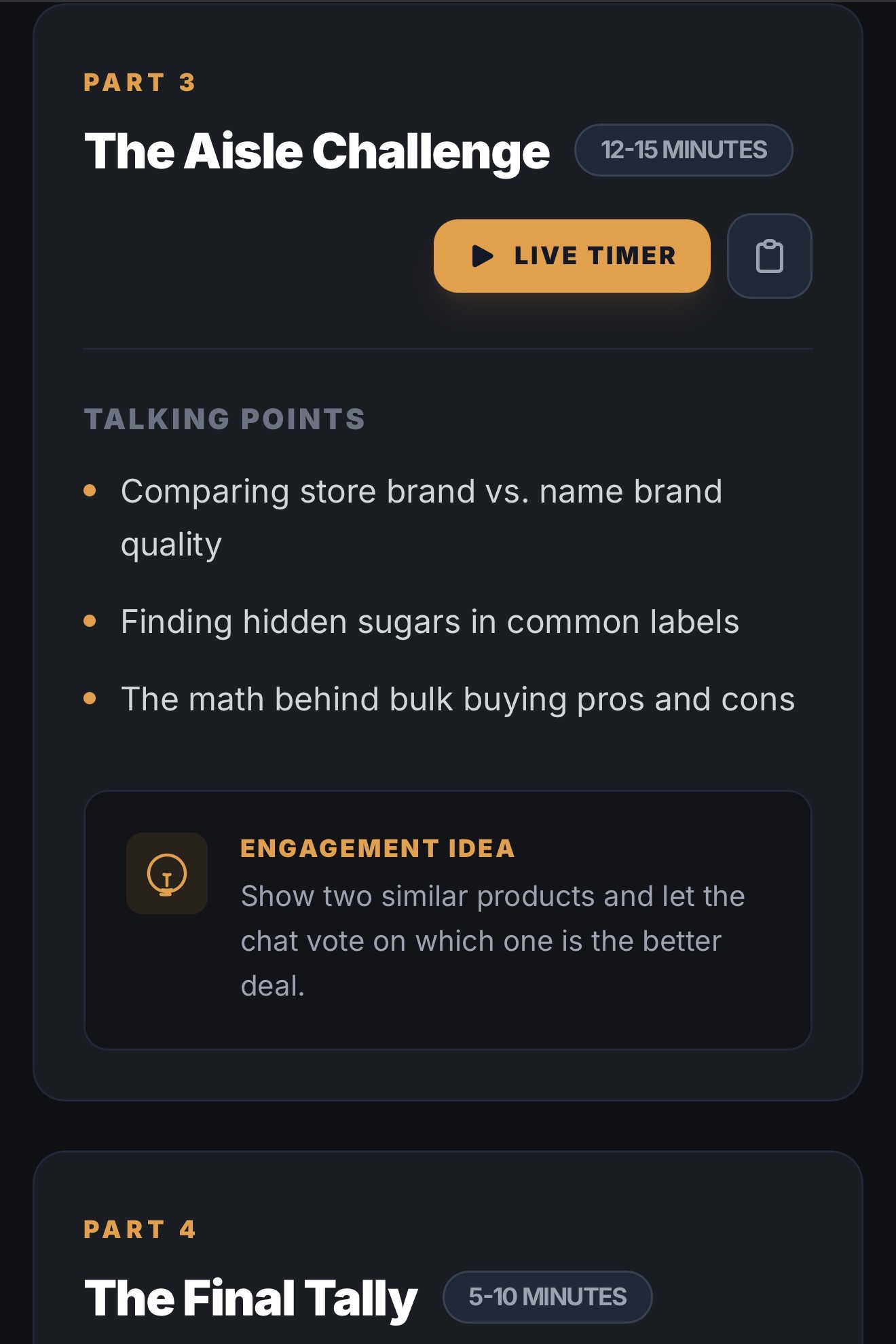 Dark mode Alchemy final tally segment with talking points and engagement idea.