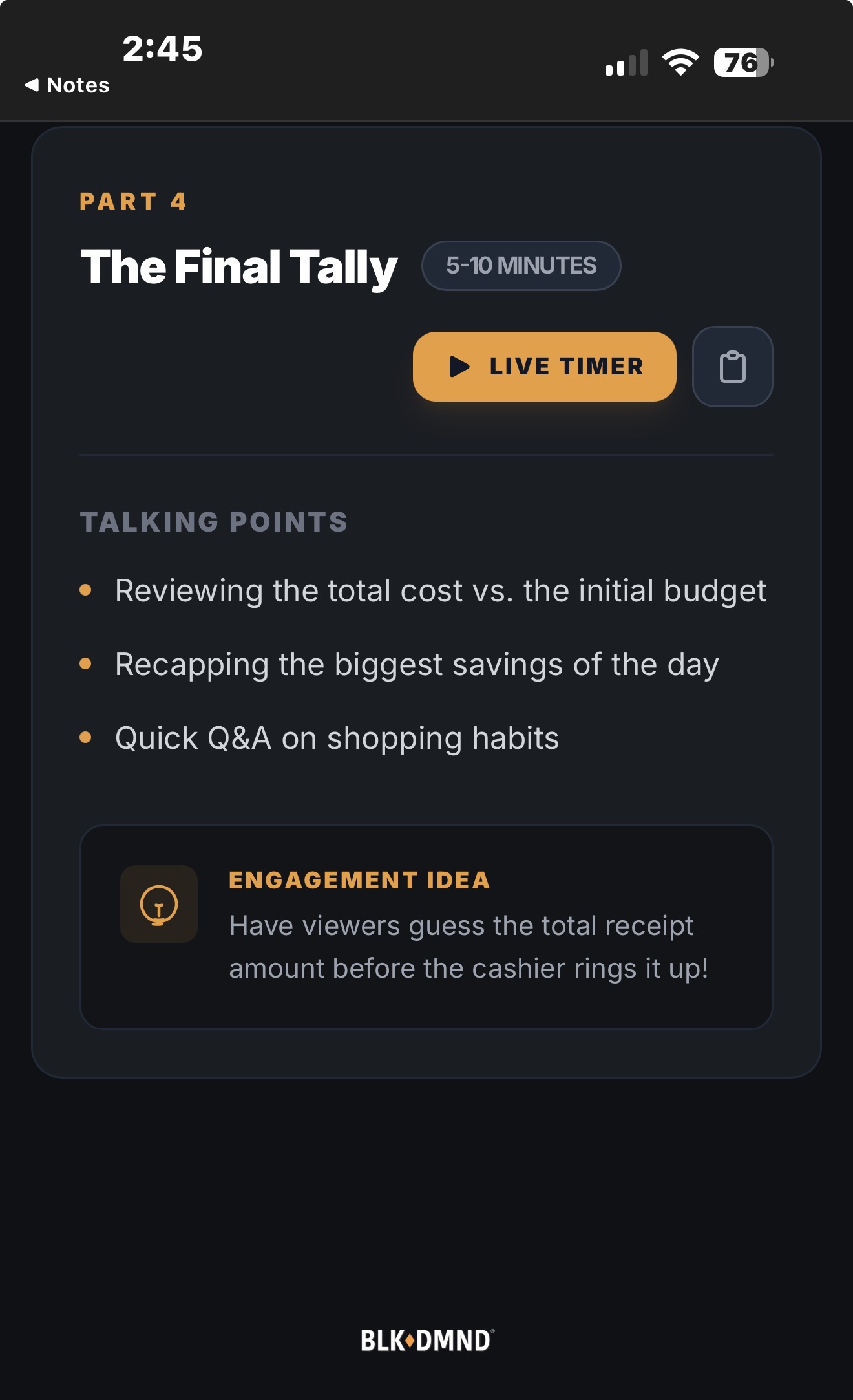 Dark mode Alchemy live timer modal with countdown, pause, restart, and skip controls.
