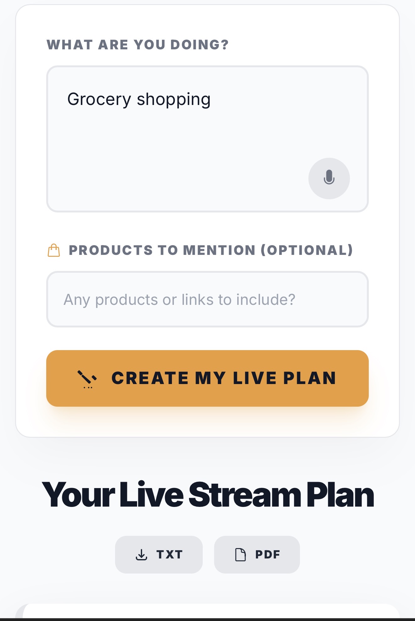 Light mode Alchemy mobile input form and live stream plan heading.