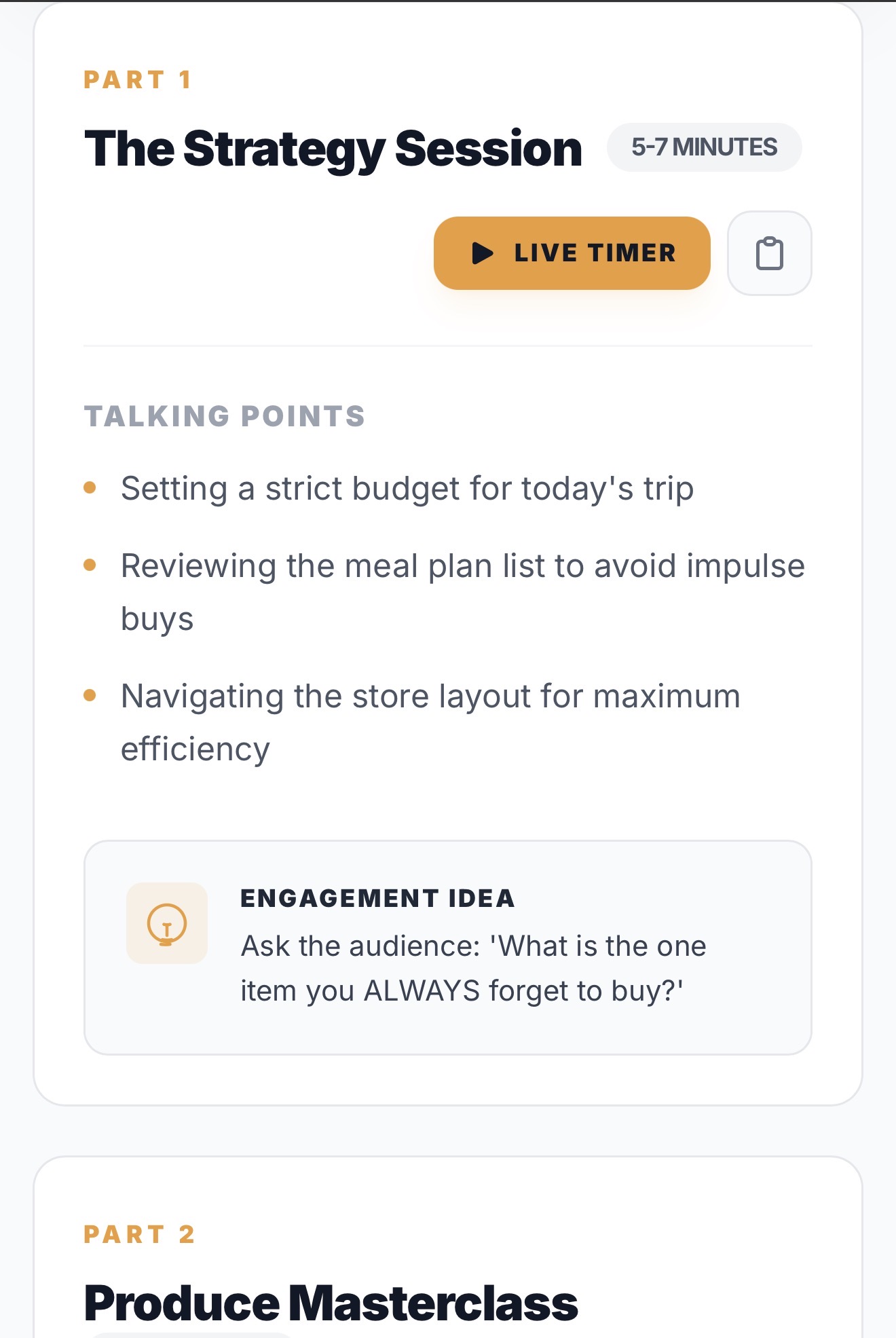 Light mode Alchemy strategy session with talking points and engagement idea.