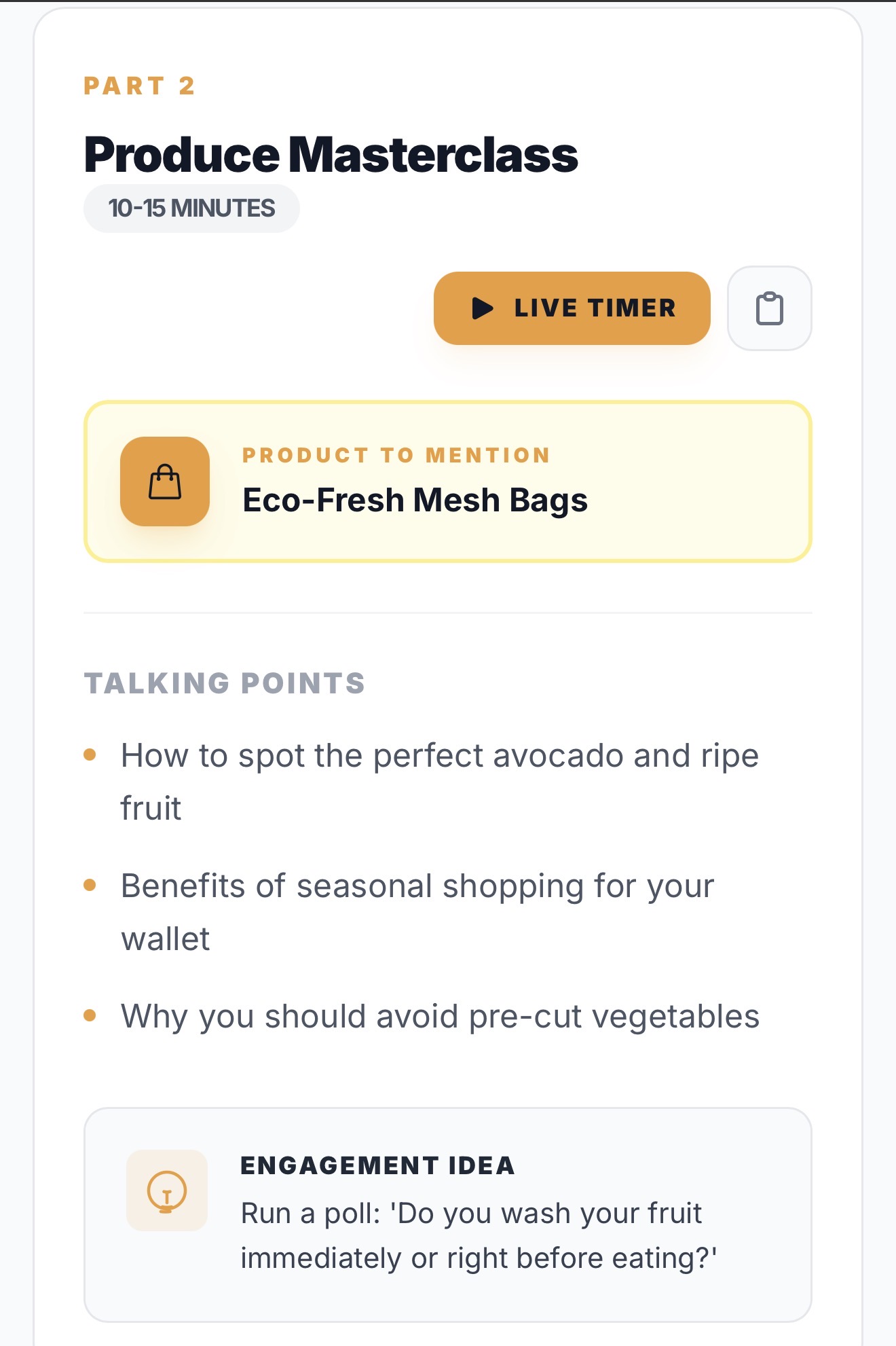 Light mode Alchemy produce masterclass segment with product mention and talking points.