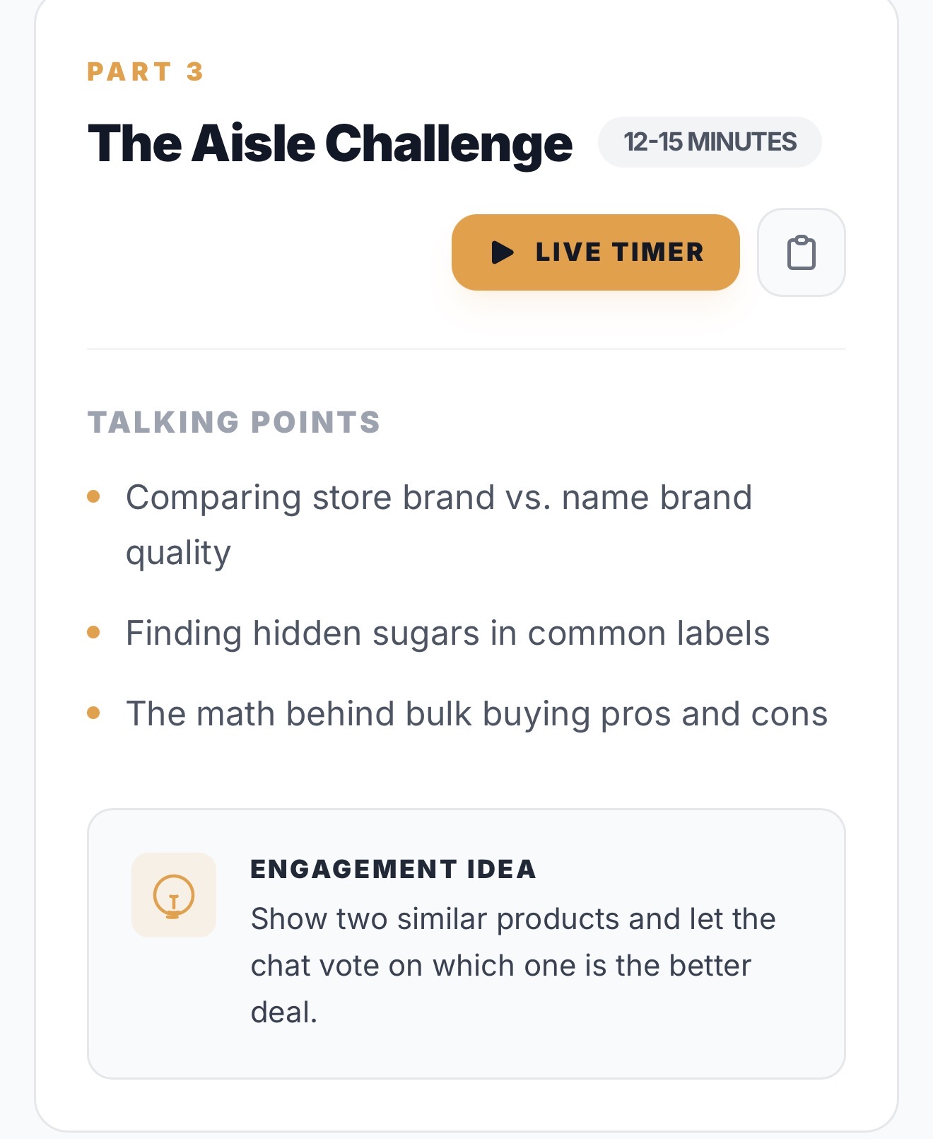 Light mode Alchemy aisle challenge segment with talking points and engagement idea.