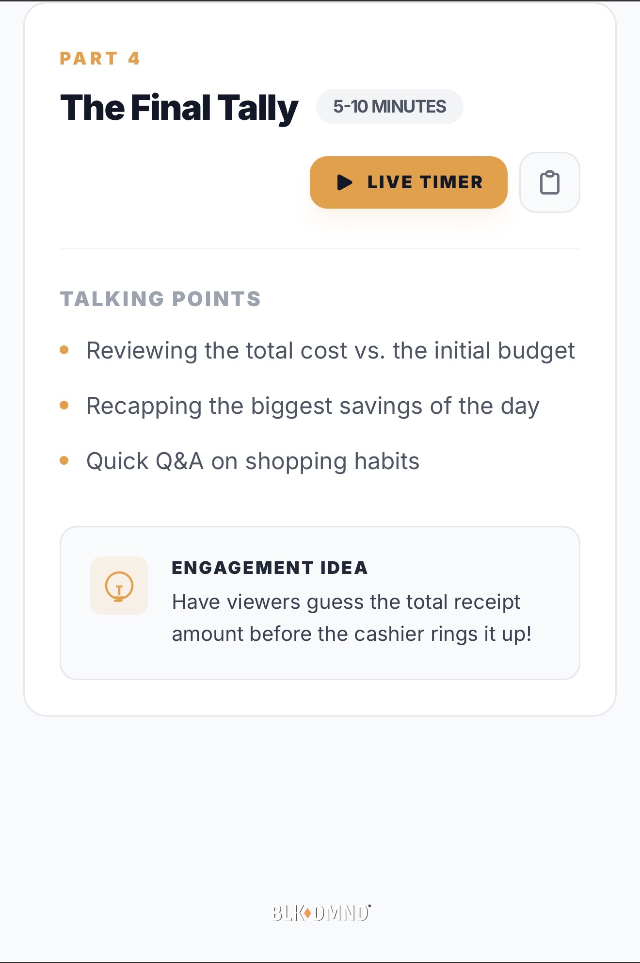 Light mode Alchemy final tally segment with talking points and BLK DMND footer.
